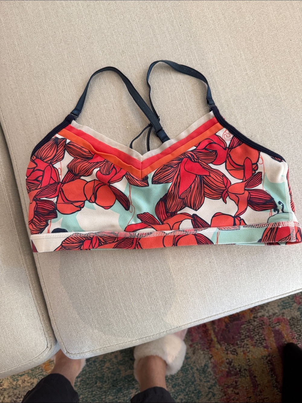 Lululemon women’s athletic bra top in orange red and white